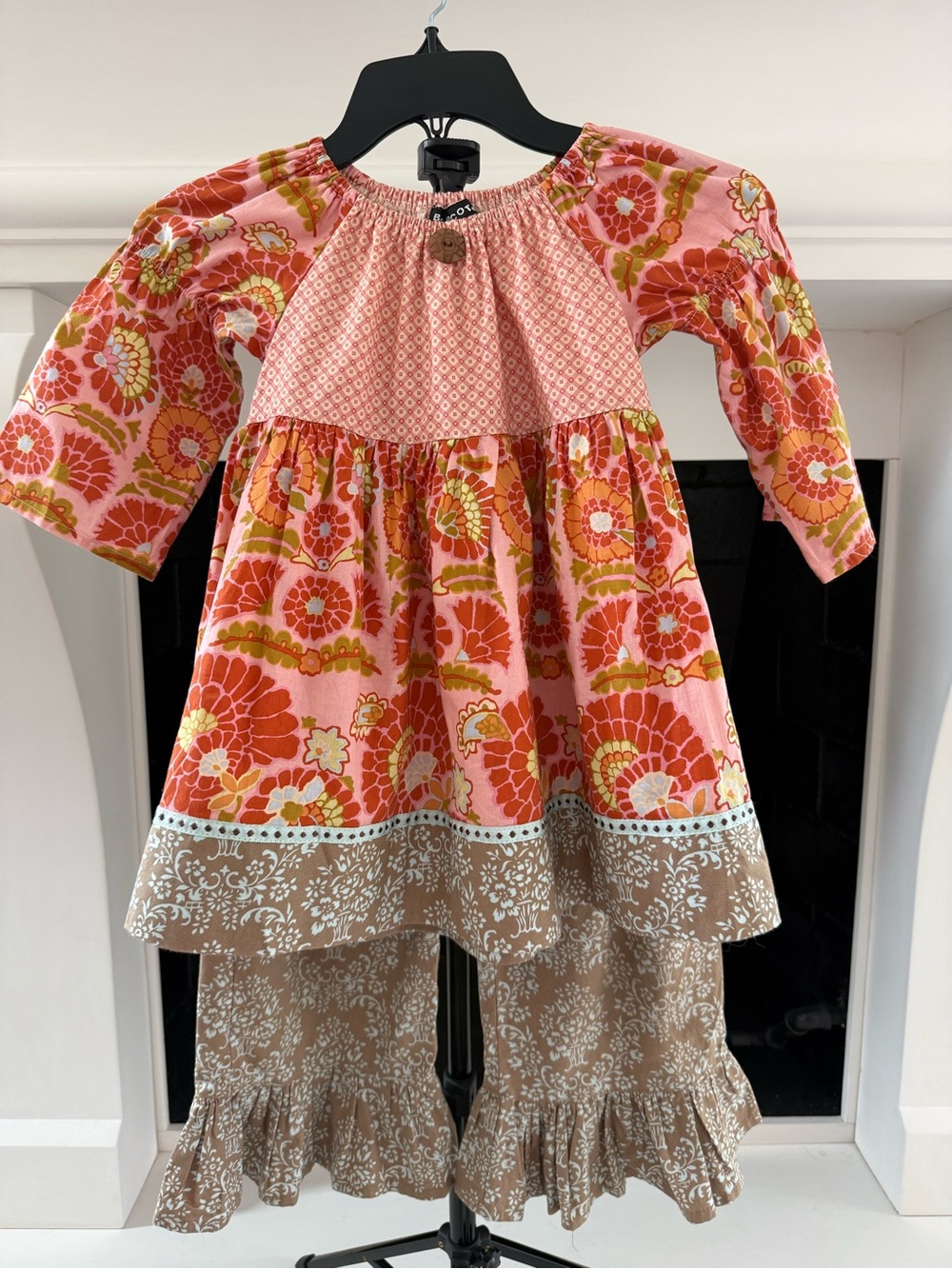 Girls Pink Floral Peasant Top & Tan Ruffle Pants Matching Set